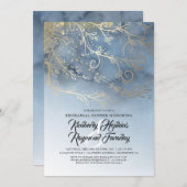 ダスティブルーと金ゴールドモダンリハーサルディナー 招待状 (正面/裏面)