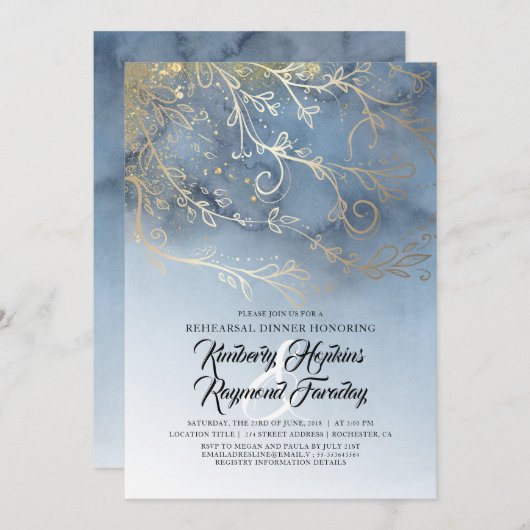 ダスティブルーと金ゴールドモダンリハーサルディナー 招待状 (正面/裏面)