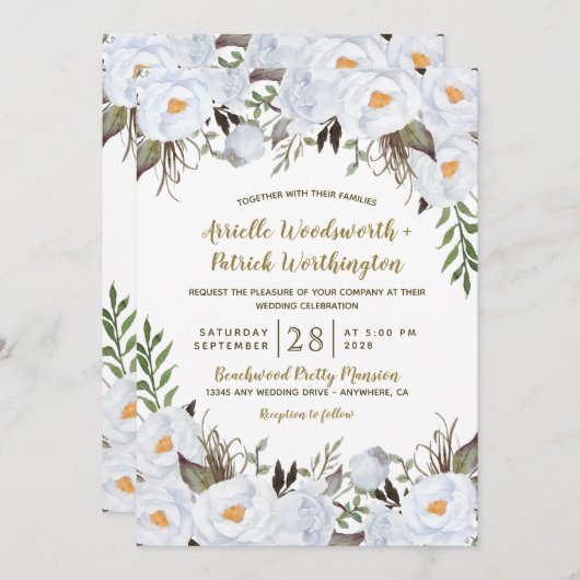 ダスティブルーと金ゴールドヴィンテージ結婚フローラ 招待状 (正面/裏面)