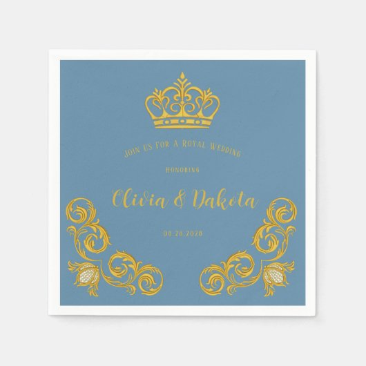 ダスティブルーと金ゴールド王室のクラウン結婚のナプキン スタンダードカクテルナプキン (正面)