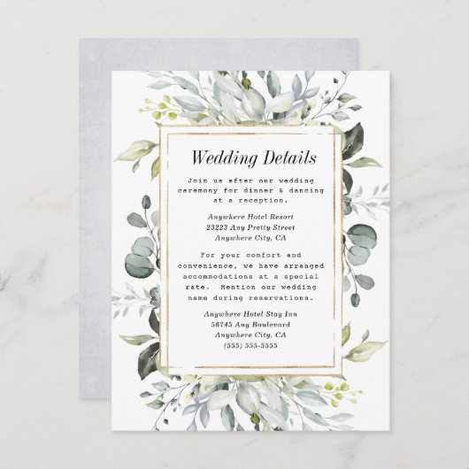 ダスティブルーと金ゴールド素朴エレガントフローラ結婚ズ エンクロージャーカード (正面/裏面)