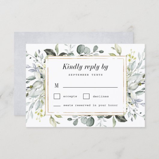 ダスティブルーと金ゴールド素朴エレガントフローラ結婚ズ 出欠カード (正面/裏面)