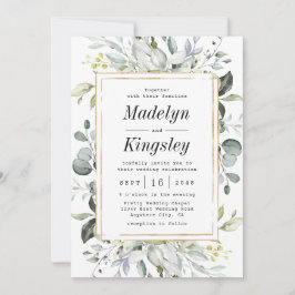 ダスティブルーと金ゴールド素朴エレガントフローラ結婚ズ 招待状