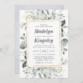 ダスティブルーと金ゴールド素朴エレガントフローラ結婚ズ 招待状 (正面/裏面)