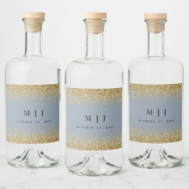 ダスティブルーと金ゴールド結婚グリッター リキュールボトルラベル