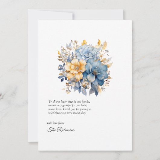 ダスティブルーと金ゴールド結婚フローラ サンキューカード (裏面)