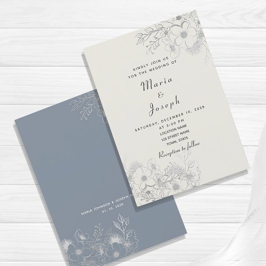 ダスティブルーのお花が可愛い結婚式の招待状 招待状