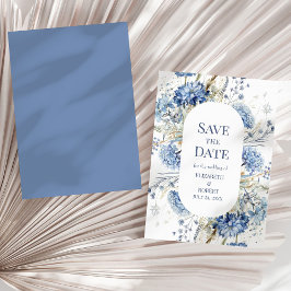 ダスティブルーのアジサイと野の花のSave the Dateカード 招待状