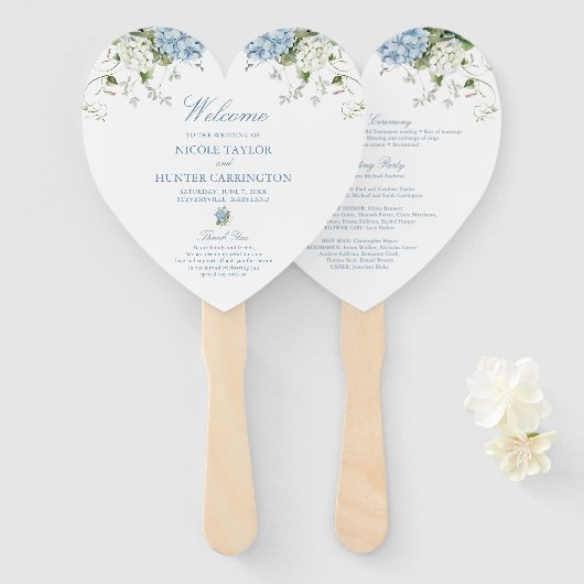 ダスティブルーのアジサイの結婚式プログラム ハンドファン (正面&裏面)