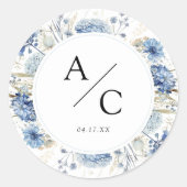 ダスティブルーのアジサイの結婚式モノグラムフラワー ラウンドシール (正面)