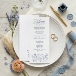 ダスティブルーのエレガントなワイルドフラワーの結婚式メニューカード メニュー