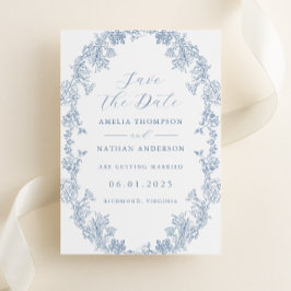 ダスティブルーのエレガントなヴィンテージ結婚式のSave The Date セーブザデート