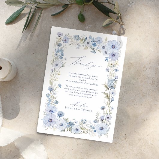 ダスティブルーのエレガントな野の花の結婚式 サンキューカード