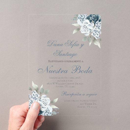 ダスティブルーのスペイン語結婚式アクリル招待状 アクリル招待状 (インサイチュ (ポータブル))