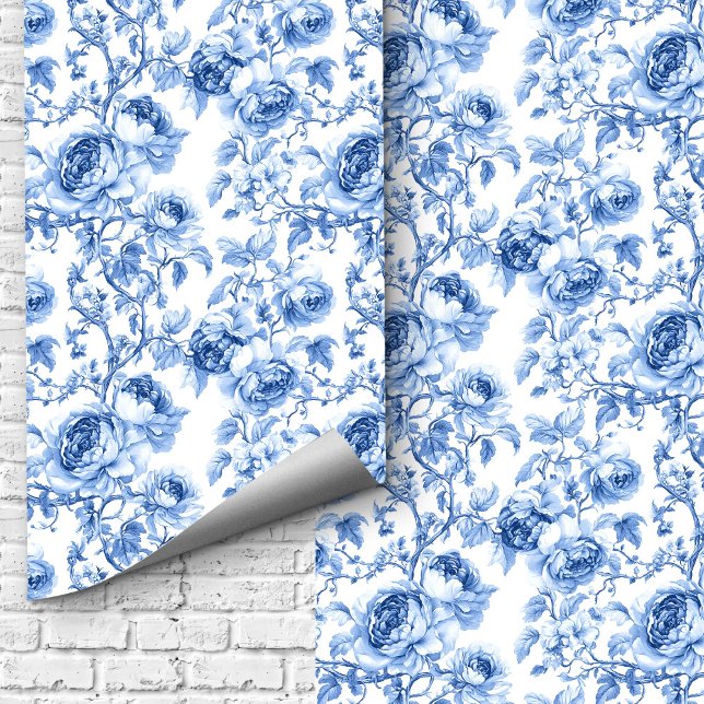 ダスティブルーのトイレ柄バラのフラワーパターン 壁紙 (Lovely Dusty Blue Toile Roses Floral Pattern Wallpaper

)