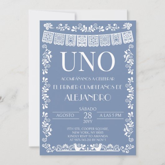 ダスティブルーのパペルピカド「UNO」ファーストバースデー招待状 招待状 (正面)