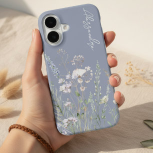 ダスティブルーのボヘミアンな水彩野の花 iPhone 16ケース