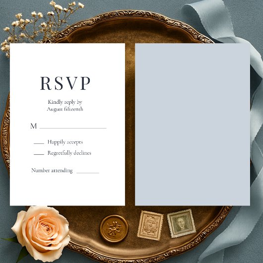ダスティブルーのミニマリスト結婚式RSVP 出欠カード