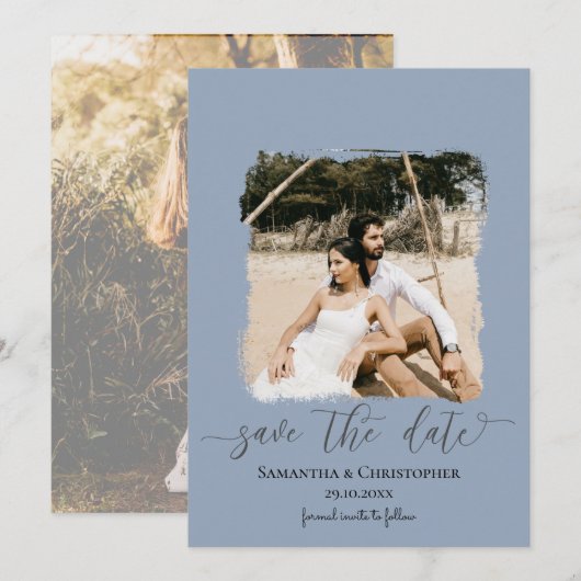 ダスティブルーのモダンな写真付きSave the Date (正面/裏面)