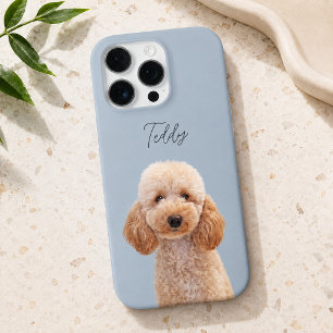 ダスティブルーのモダンな犬の写真と手書きペットの名前 iPhone 16 PROケース