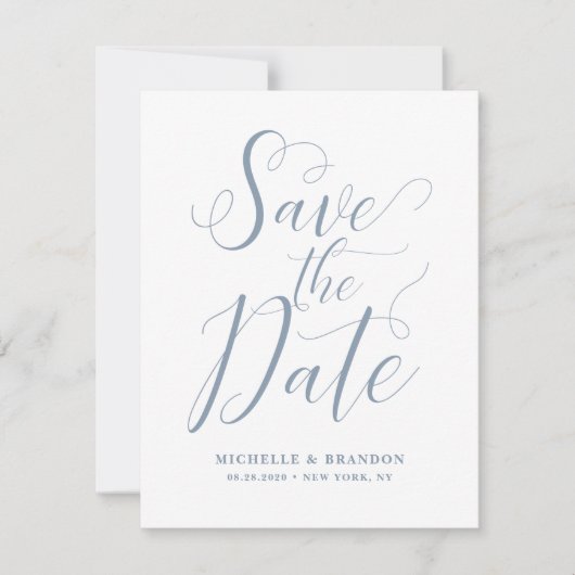ダスティブルーのモダンスクリプト Save the Date カード (正面)