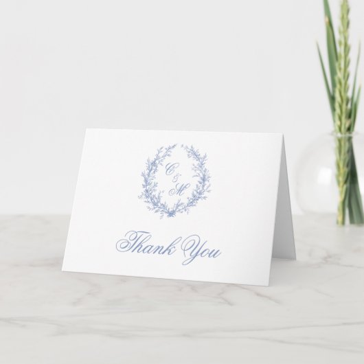 ダスティブルーのモノグラム入りフラワーリース 御礼 サンキューカード (正面)