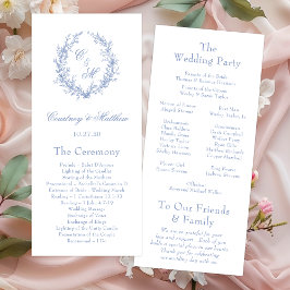ダスティブルーのモノグラム入りボタニカルリースの結婚式 プログラム