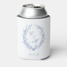 ダスティブルーのモノグラム入りボタニカルリースの結婚式 缶クーラー