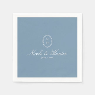 ダスティブルーのモノグラム結婚の紋章 スタンダードカクテルナプキン