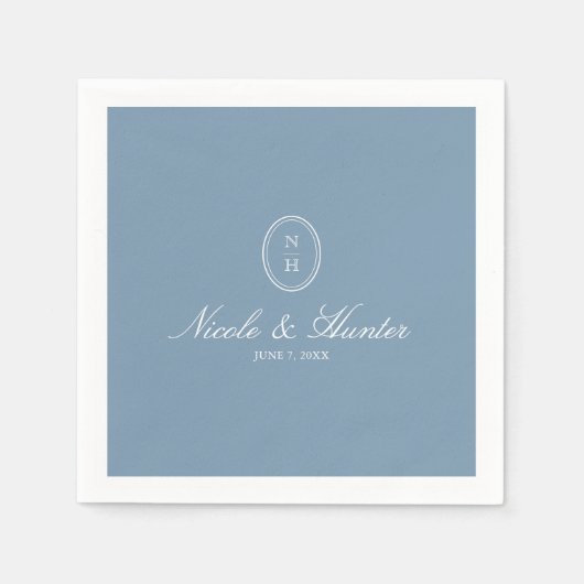 ダスティブルーのモノグラム結婚の紋章 スタンダードカクテルナプキン (正面)