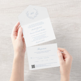 ダスティブルーのモノグラムQRコード付きリースのエレガントな結婚式 オールインワン招待状