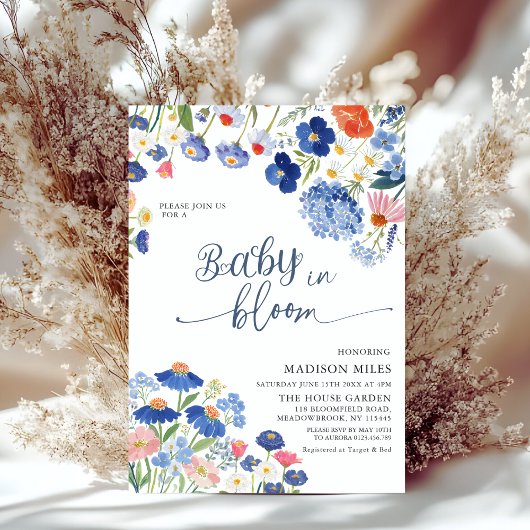 ダスティブルーのヤグルマギクの草原 Baby in Bloom シャワーパーティー 招待状