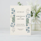 ダスティブルーのユーカリの結婚式日程カード セーブザデート (スタンド正面)