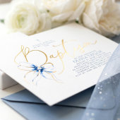 ダスティブルーのリボンがエレガントなモダン洗礼式 箔招待状