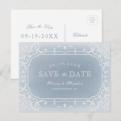 ダスティブルーのロマンチックなヴィンテージの結婚式は日付を保存 案内ポストカード (正面/裏面)
