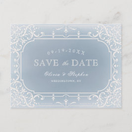ダスティブルーのロマンチックなヴィンテージの結婚式は日付を保存 案内ポストカード