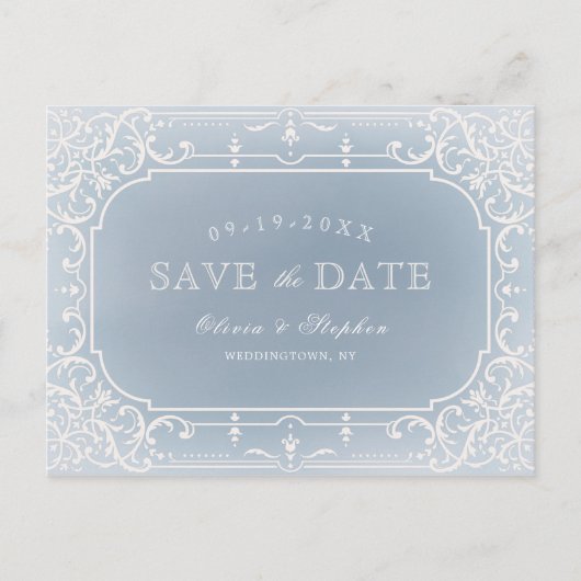 ダスティブルーのロマンチックなヴィンテージの結婚式は日付を保存 案内ポストカード (正面)