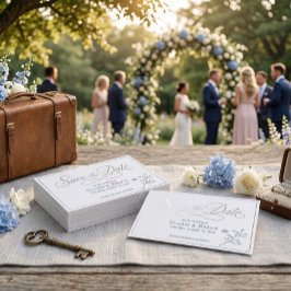 ダスティブルーのワイルドフラワー エレガントスクリプトレターの結婚式事前告知 箔招待状