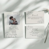 ダスティブルーのヴィンテージ結婚式詳細カード エンクロージャーカード