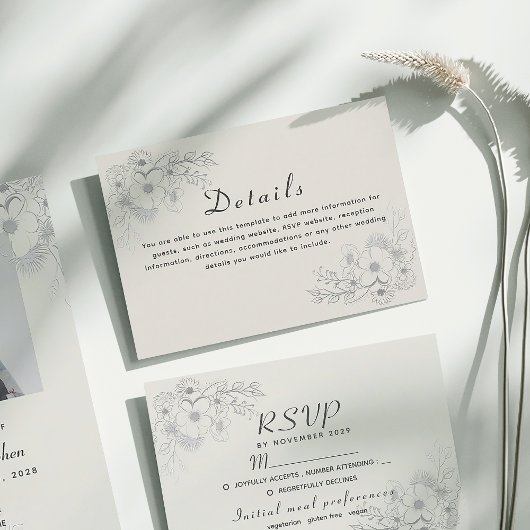 ダスティブルーのヴィンテージ結婚式詳細カード エンクロージャーカード