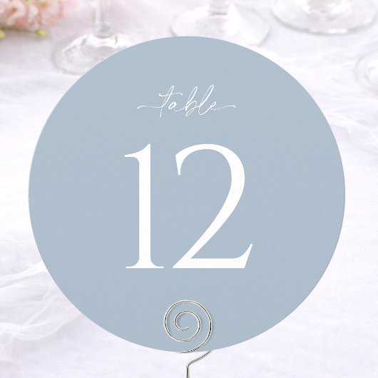 ダスティブルーの丸い結婚式テーブルナンバー 招待状