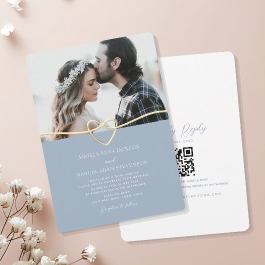 ダスティブルーの写真付き結婚式招待状 QRコード入り 招待状
