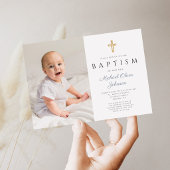 ダスティブルーの十字架と英語のカリグラフィーが入った男の子の洗礼・バプテスマの写真 招待状