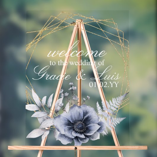 ダスティブルーの植物画とゴールドの結婚式 アクリルサイン (ニュートラル)