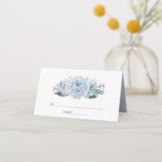 ダスティブルーの水彩フラワーの結婚式 プレイスカード (正面)
