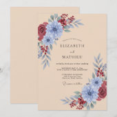 ダスティブルーの洗練された秋の結婚式 招待状 (正面/裏面)