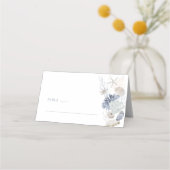 ダスティブルーの海岸の貝殻の結婚式プレイスカードのサイド プレイスカード (正面)