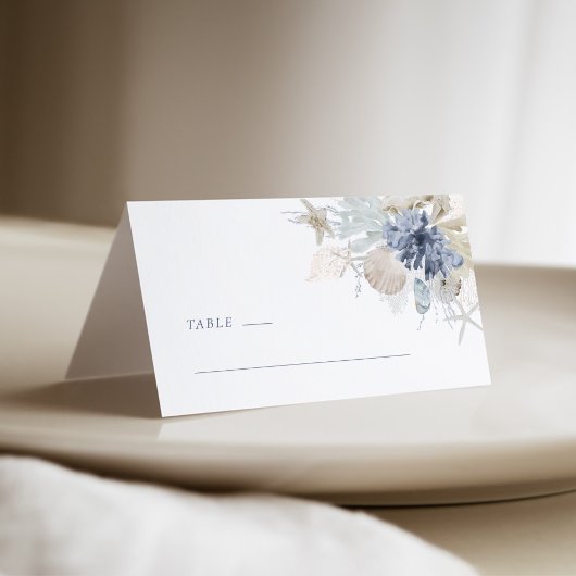 ダスティブルーの海岸の貝殻の結婚式プレイスカード プレイスカード