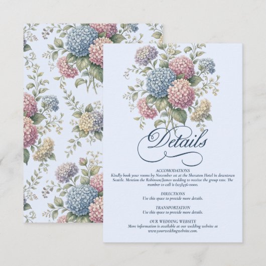 ダスティブルーの紫陽花の花の結婚式同封カード エンクロージャーカード (正面/裏面)