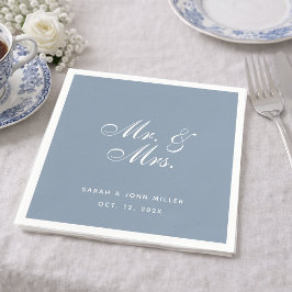 ダスティブルーの結婚式用 Mr. and Mrs. ホワイトカリグラフィー スタンダードカクテルナプキン